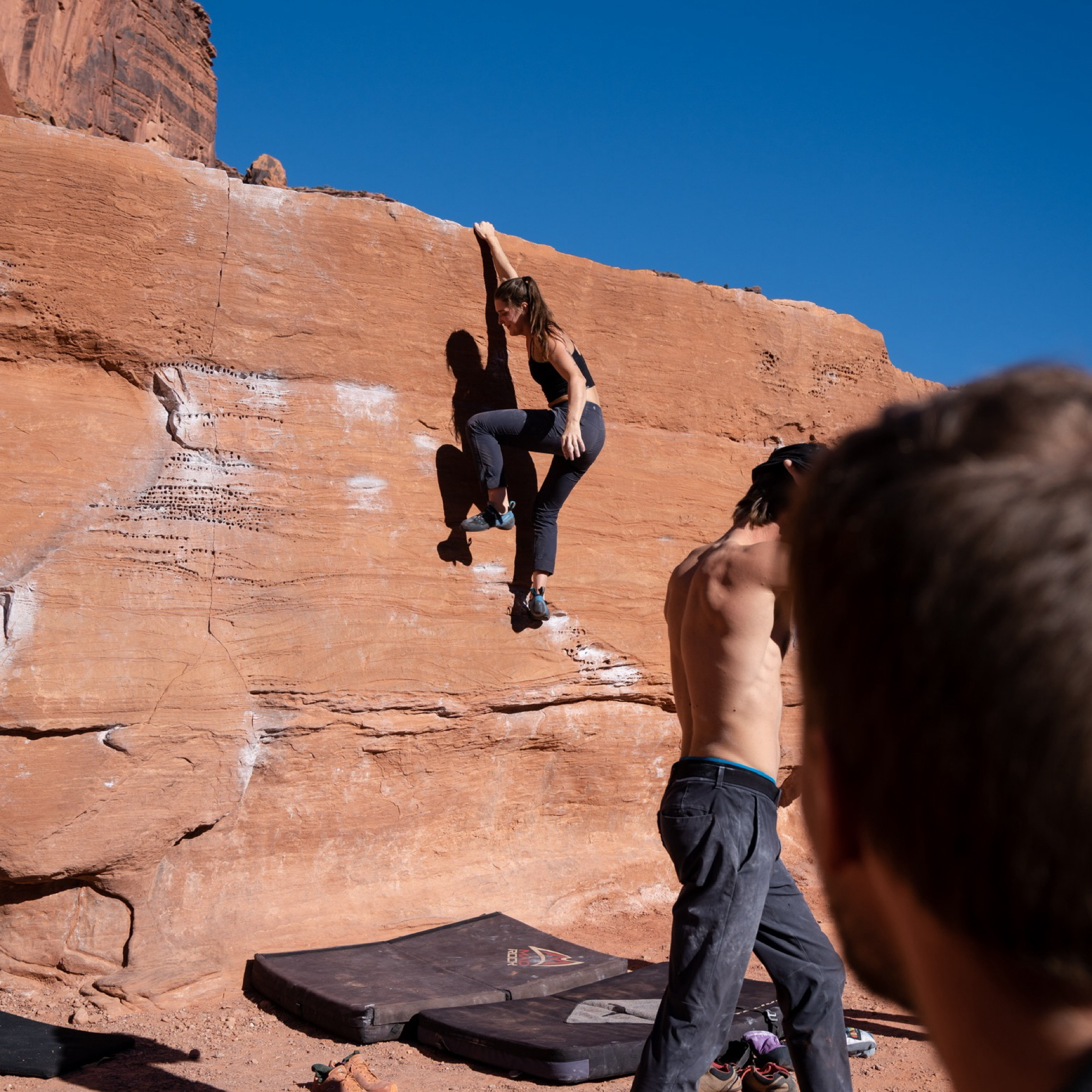 Climbing Beta video of climbers on 1000 LB Caboose v8 in Moab with undefined beta videos in KAYA, the climber's app - where climbers can log and track their ascents, progress, and connect with their local gym and outdoor climbing community.