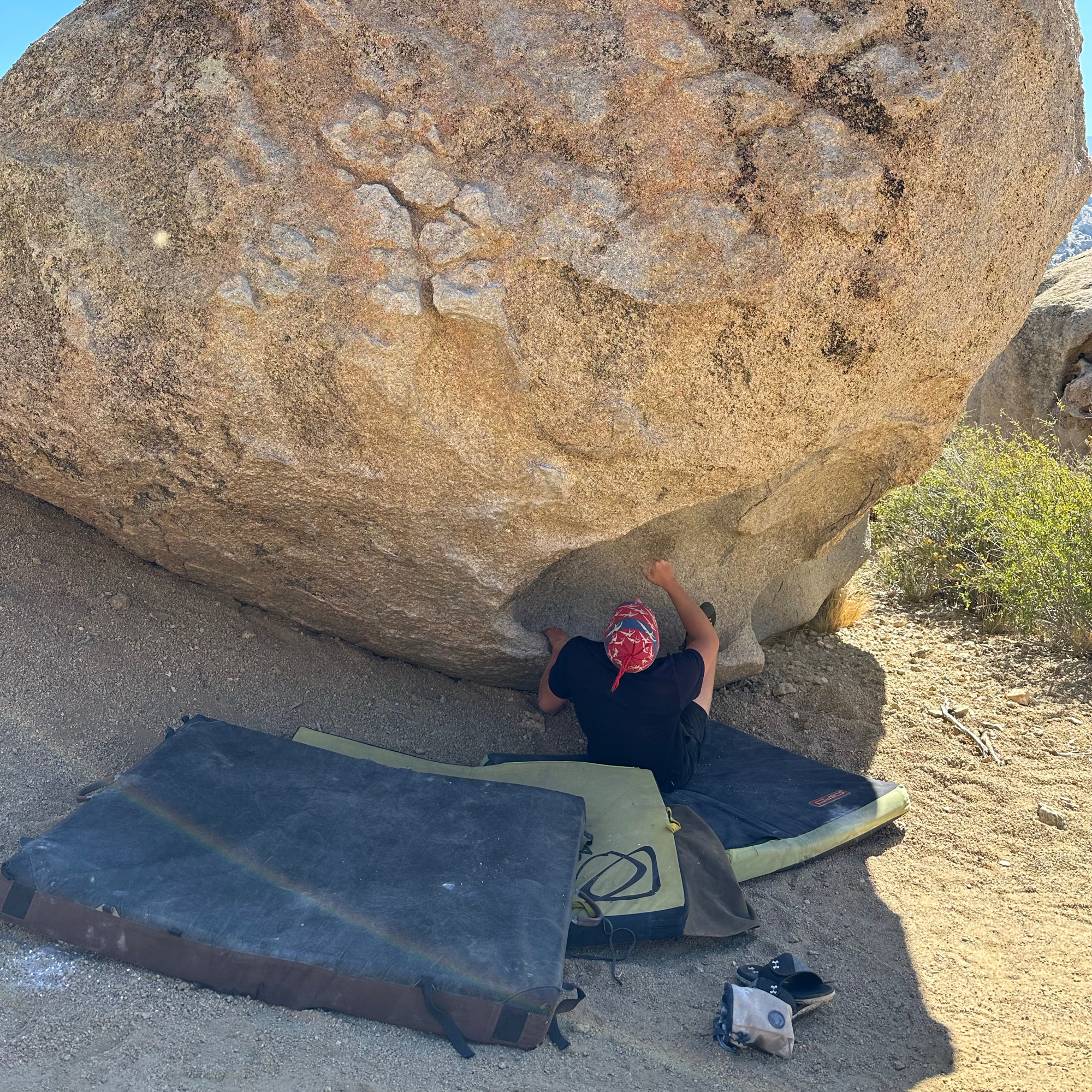 Climbing Beta video of climbers on The Birthing Experience v1 in Bishop with undefined beta videos in KAYA, the climber's app - where climbers can log and track their ascents, progress, and connect with their local gym and outdoor climbing community.