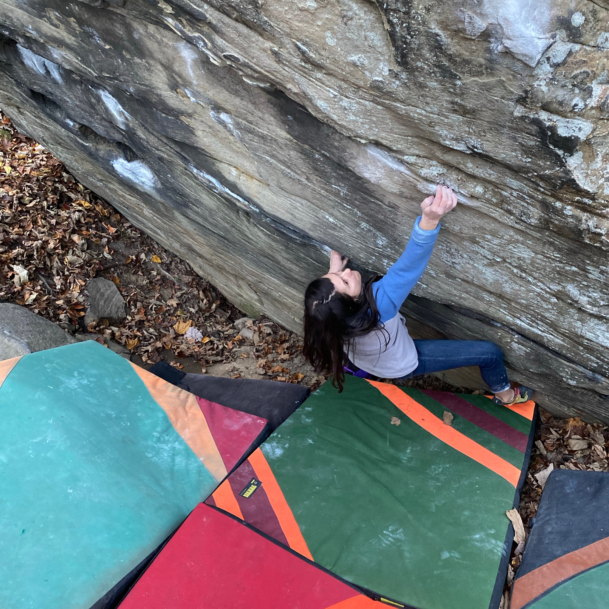 Climbing Beta video of climbers on Sepia v5 in New River Gorge with undefined beta videos in KAYA, the climber's app - where climbers can log and track their ascents, progress, and connect with their local gym and outdoor climbing community.