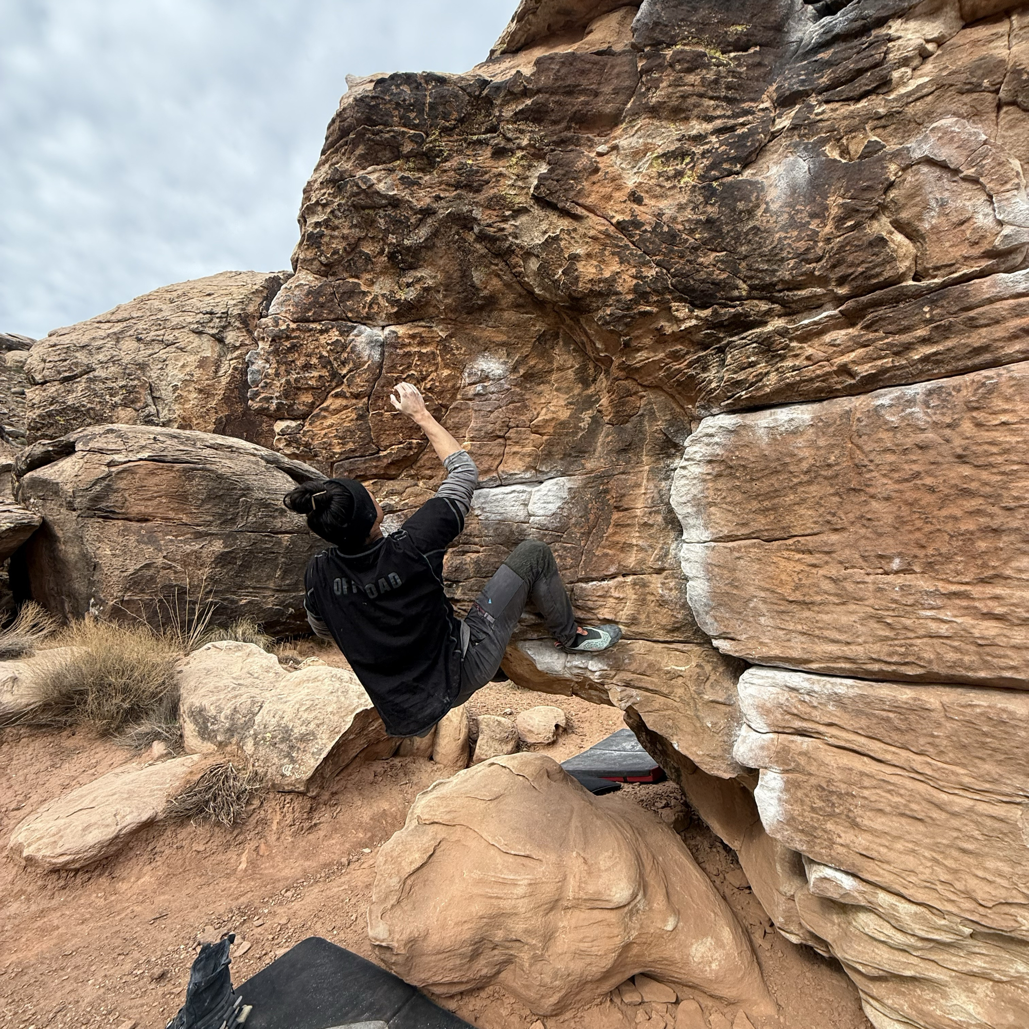 Climbing Beta video of climbers on Monkey Boy v3 in Moe's Valley with undefined beta videos in KAYA, the climber's app - where climbers can log and track their ascents, progress, and connect with their local gym and outdoor climbing community.